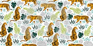 Seamless pattern with cartoon tigers and tropical leaves on a white background. Trendy style. Vector