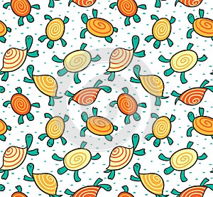 Seamless pattern with cartoon turtles. Vector hand drawn child design.