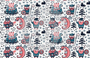 Seamless pattern with cartoon vikings characters, dragon and drakkar in comic style. Vector illustration