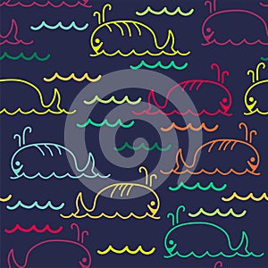 Seamless pattern of cartoon whales. vector