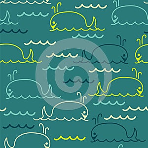 Seamless pattern of cartoon whales. vector