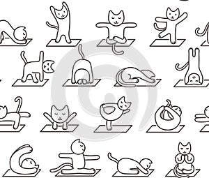 Seamless pattern of a cat doing yoga exercises