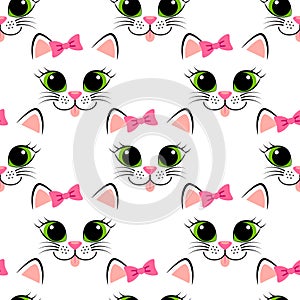 Seamless pattern with cat face. Cute white kitten with pink bow. Girlish background with kitty