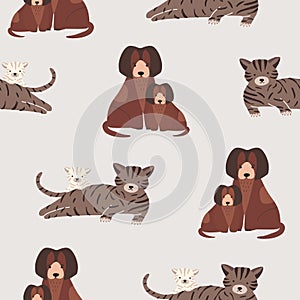 Seamless pattern with cat and kitten, dog and puppy. Backdrop with mother and baby pet animals. Cute cartoon characters