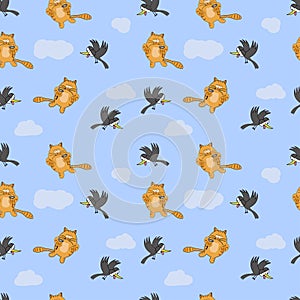 Seamless pattern with cat, mouse and crow