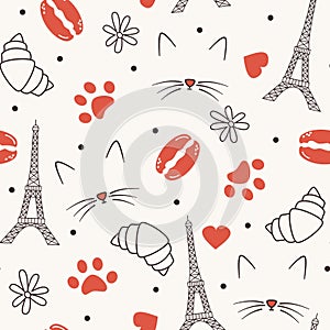 seamless pattern with cat, paw print, eiffel tower, red hearts, macarons, red hearts and other parisian elements