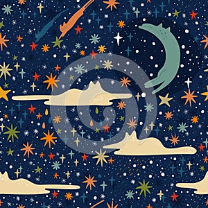 Seamless pattern with cats as a clouds and moon in starry night sky. Cartoon vector illustration