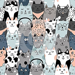 Seamless pattern with cats. Cute cat set. Funny cartoon animal characters.