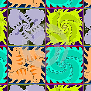 Seamless pattern with cats, dogs, elephants and iguanas in colorful squares