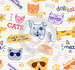 Seamless pattern with cats and dogs. Funy, beautiful, cute. Vector.