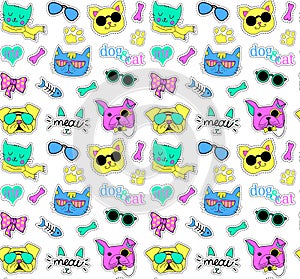 Seamless pattern with cats and dogs. Pop art. Funy, beautiful, cute. Vector.Stickers, pins, patches handwritten notes