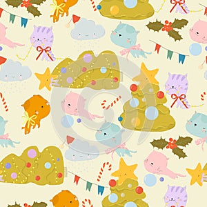 Seamless Pattern with Cats dropped the Christmas Tree