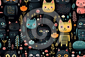 seamless pattern with cats and flowers on a black background