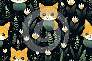 seamless pattern with cats and flowers on a black background