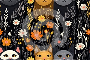 seamless pattern with cats and flowers on a black background