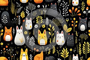 seamless pattern with cats and flowers on a black background