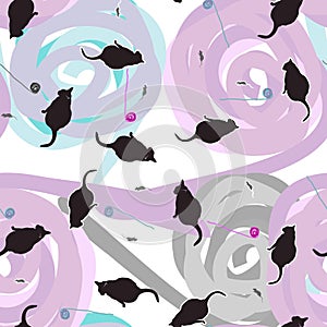 Seamless pattern of cats, mice and balls