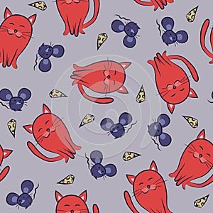 Seamless pattern with cats and mouses. Color doodle. Vector