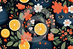 a seamless pattern with cats and oranges on a black background