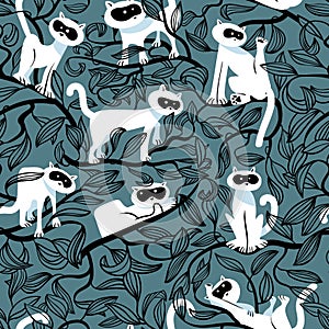 Seamless pattern with cats and stripped leaves. Background with