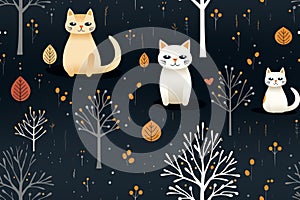 a seamless pattern with cats and trees on a black background