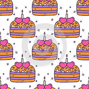 Seamless pattern. Celebratory cake. Two hearts and candle. Vector