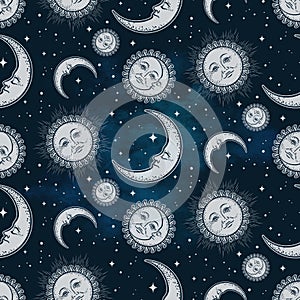 Seamless pattern with celestial bodies - moon, sun and stars over blue night sky background. Boho chic fabric print, wrapping pape photo