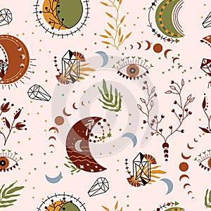 Seamless pattern with celestial moon, crystals, mystical eye, colorful flowers and leaves. Fashionable patterns can be