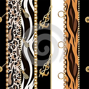 Seamless pattern with chains, anchor, coins on leopard and zebra background.Vector.