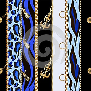 Seamless pattern with chains, anchor, coins on leopard and zebra background.Vector.