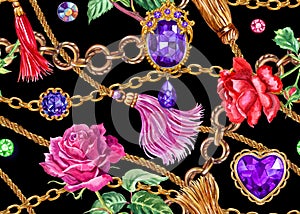 Seamless pattern of chains, brushes, brooches, rhinestones and roses on on black background