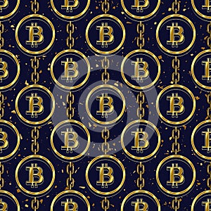 Seamless pattern with chains, gold bitcoin symbols in round frame on a dark blue background