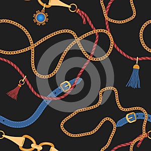 Seamless pattern with chains straps and belts. Pendants background for for fabric design. Vector. photo