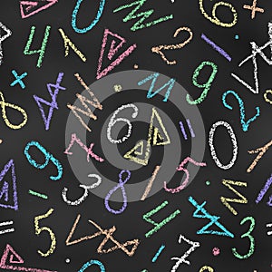 Seamless Pattern of Chalk Drawn Sketches Numbers and Scribbles on Chalkboard Backdrop