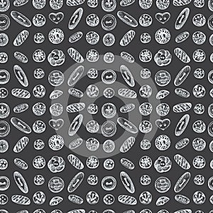 Seamless pattern with chalk hand-drawn vintage sewing tools on chalkboard. Buttons, threads, needles, pins, spools