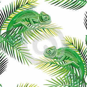 Seamless pattern chameleon on the banana leaves white