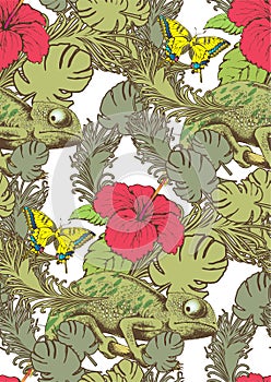 Seamless pattern of chameleon and flowers
