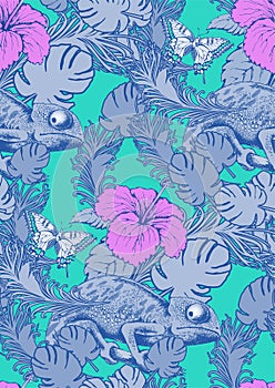 Seamless pattern of chameleon and flowers