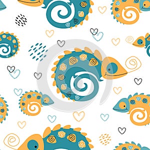 Seamless pattern. Chameleons mother and child. Motherhood. Tropical print. Cute style. Vector