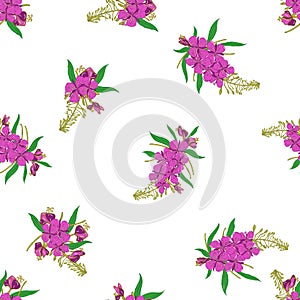 Seamless pattern in Chamerion angustifolium wild flowers. Delicate bouquets. Liberty style millefleurs. Floral