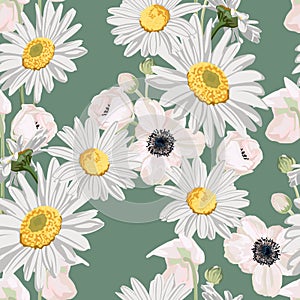 Seamless pattern with chamomile camomile, leaves, and anemones flowers on green background.