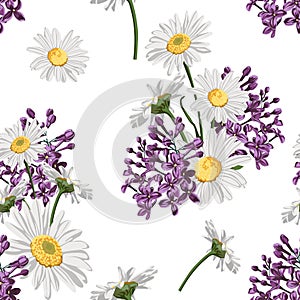 Seamless pattern with chamomile camomile, leaves, and lilac flowers.