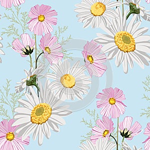 Seamless pattern with chamomiles and wild pink autumn flowers.