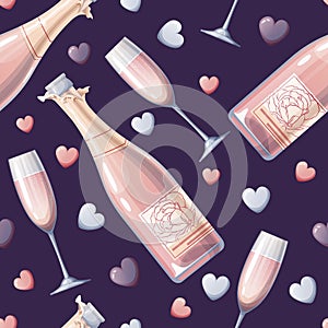 Seamless pattern with champagne bottle, glass and hearts. Great for wrapping paper, fabric, wallpaper, textiles