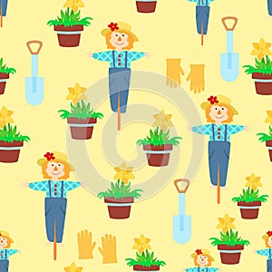 Seamless pattern charming scarecrow, flower pots, gardening gloves and a shovel in a cartoon children\'s style.