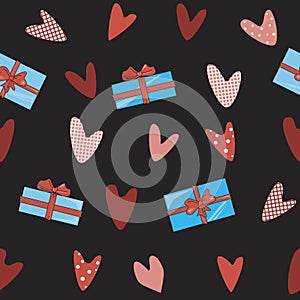 A seamless pattern with gift boxes and red bow and polka dot and checkered hearts, a flat vector stock illustration with doodle