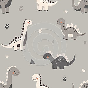 Seamless pattern with cheerful cartoon dinosaurs in pastel colors