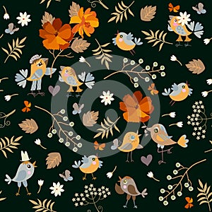 Seamless pattern with cheerful cute cartoon birds, orange flowers, bird cherry berries, leaves and hearts on black background.