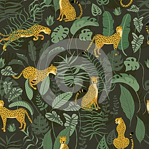 Seamless pattern with Cheetahs in wild jungle surrounded with exotics plants of rainforest