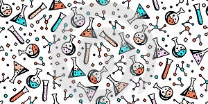Seamless pattern with chemical elements and flasks.